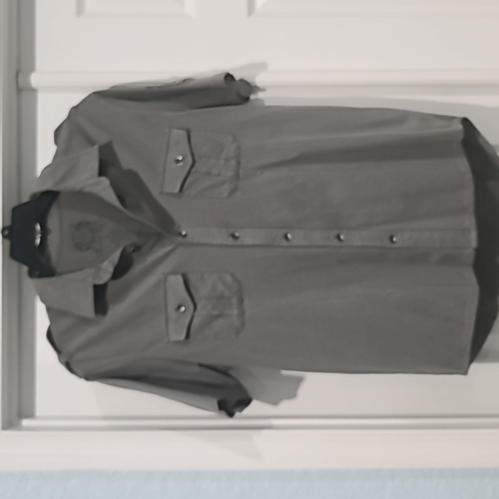 NWOT Mens S/S American Rag Co. Military Style Grey Knit 2pkt btn up Shirt. Sz:L